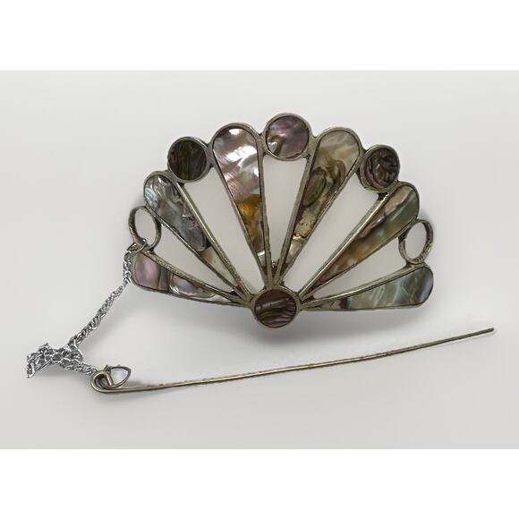 Vintage Alpaca Silver Mexico Abalone Mother Of Pearl Inlay Hair Barrette Clip 3” - Picture 2 of 9